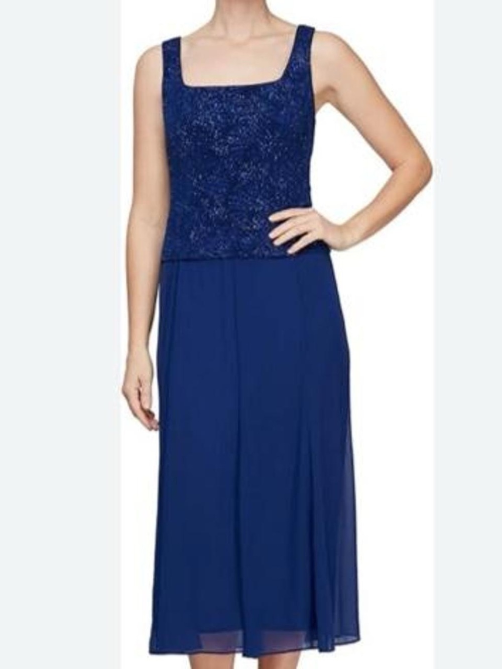 Alex Evenings Navy Blue Square Neck Midi Dress with Lace Bodice
